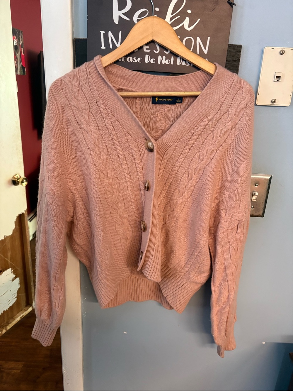 Vintage Polo Sport Ralph Lauren Pink Cable Knit Crop Cardigan Sweater